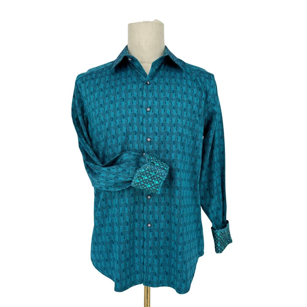 Robert Graham Casual Button Front Long Sleeve Shirt Teal Geometric Jacquard M